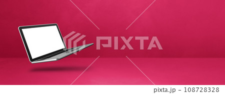 Floating computer laptop isolated on pink. Horizontal banner background Floating computer laptop isolated on pink. Horizontal banner background 108728328