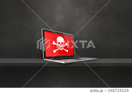 Laptop on a shelf with a pirate symbol on screen. Hacking concept Laptop on a shelf with a pirate symbol on screen. Hacking concept 108728329
