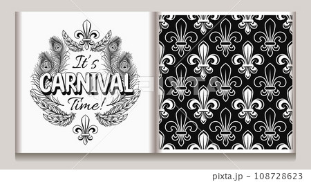 Black and white set of label, seamless geometric pattern for Mardi gras carnival decoration. Fleur de lis, feathers, text. For prints, clothing, t shirt, holiday goods, stuff. 108728623
