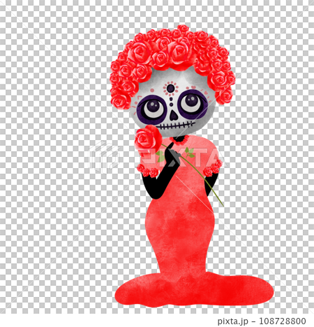 Watercolor skeleton decorated with red roses on the head Watercolor skeleton decorated with red roses on the head 108728800