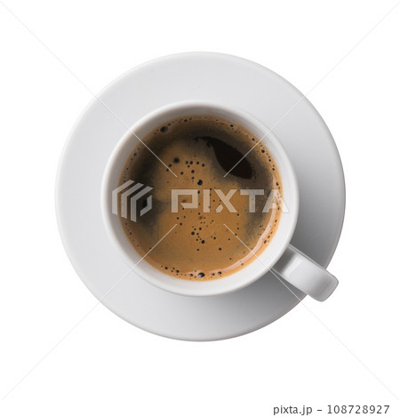 Top view of cup of coffee isolated on white background. Real photography of white mug, cup and saucer with coffee, espresso. 108728927