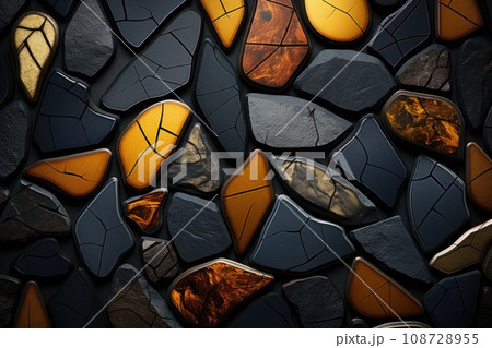 Black and golden pebbles dark luxury background. generative ai Black and golden pebbles dark luxury background. generative ai 108728955