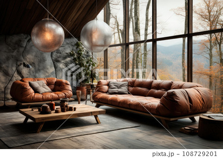 Cozy modern interior of the living room with sofas, coffee table near the large window in the chalet. 108729201