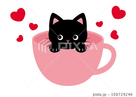 コーヒーカップに入った黒猫とハートの背景イラスト コーヒーカップに入った黒猫とハートの背景イラスト 108729246