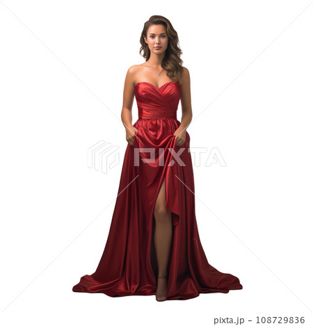 Girl in a beautiful red long evening dress isolated Girl in a beautiful red long evening dress isolated 108729836