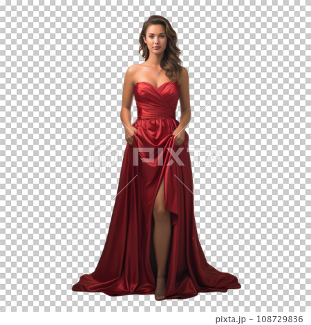 Girl in a beautiful red long evening dress isolated Girl in a beautiful red long evening dress isolated 108729836