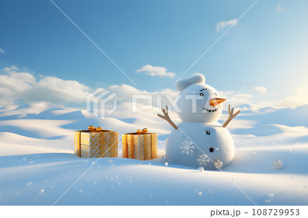 Snowman with Blanket in Snowy Field - A Heartwarming Winter Wonderland Scene.GenerativeAI. 108729953