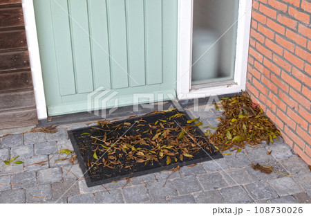 Green and brown autumn leaves piling up in front of the doorstep of a door Green and brown autumn leaves piling up in front of the doorstep of a door 108730026