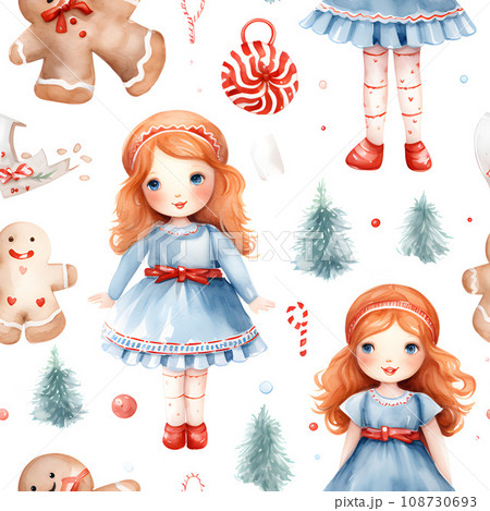 seamless pattern christmas with cute doll.Charming Christmas Seamless Pattern with Cute Doll.GenerativeAI. 108730693