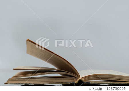 Open old book with text on white background. The concept of reading literature, education and book publishing. Free space for text Open old book with text on white background. The concept of reading literature, education and book publishing. Free space for text 108730995