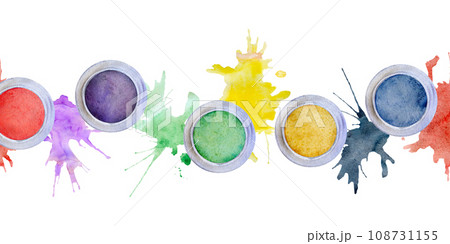 Watercolor hand drawn illustration, kids children paint art materials supplies, gouache acrylic tempera oil splashes. Seamless border isolated on white. School, kindergarten, party, cards, website 108731155