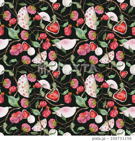 Watercolor seamless pattern with hand drawn traditional Japanese sweets. Wagashi, mochi, camellia flowers. Isolated on dark background. Invitations, restaurant menu, greeting cards, print, textile 108731156