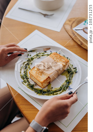 Close up of woman eating tasty sandwich with ham and cheese. Breakfast restaurant menu Close up of woman eating tasty sandwich with ham and cheese. Breakfast restaurant menu 108731255
