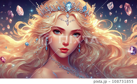 Portrait of a girl with hair blowing in the wind, diamonds in her hair, a crown of diamonds, romance, tenderness Portrait of a girl with hair blowing in the wind, diamonds in her hair, a crown of diamonds, romance, tenderness 108731855