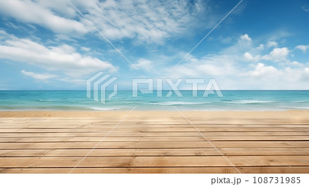 砂浜に敷かれたウッドデッキと海の風景：AI作品 108731985