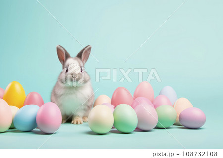 Cute Easter bunny sitting on the background of Easter eggs 108732108
