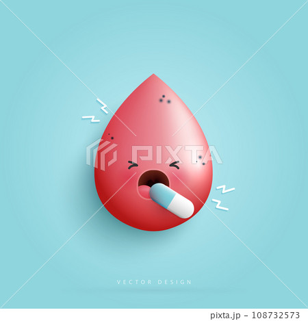 Cartoon blood is sick and taking medicine character concept. negative effect of viruses, germs and bacteria on the human blood for medical. vector design. Cartoon blood is sick and taking medicine character concept. negative effect of viruses, germs and bacteria on the human blood for medical. vector design. 108732573