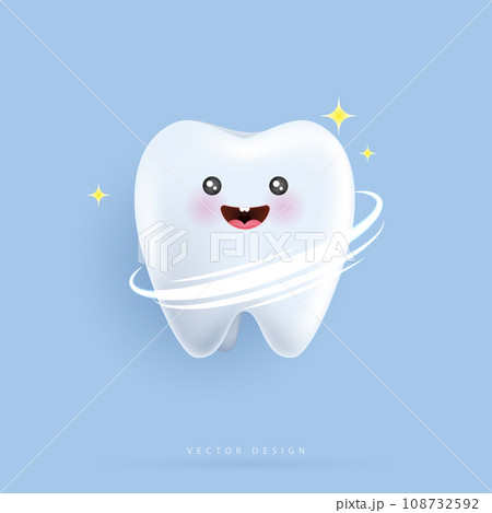 Realistic happy tooth vector illustration. cartoon dental character. cute dentist mascot. oral health and dental inspection teeth. medical dentist tool. vector design. 108732592