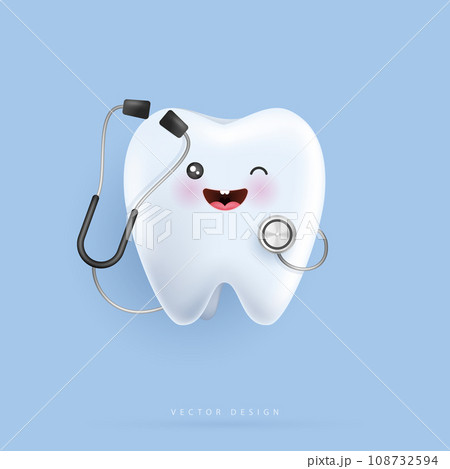 Tooth character with stethoscope is happy. tooth suitable for children dental clinic. tooth character for kids. cute dentist mascot for medical apps, websites and hospital. vector design. 108732594