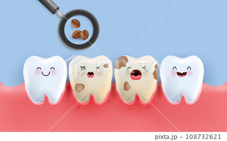 set of Unhealthy tooth with coffee stains. coffee makes your teeth yellow. tooth for children. dental and dentistry concept for kids hospital. healthy tooth character. cute clean tooth cartoon icon. 108732621