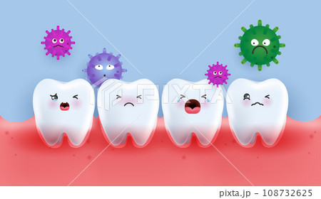 Set of Tooth character cries because of germs. tooth suitable for children dental clinic. tooth character for kids. cute dentist mascot for medical apps, websites and hospital. vector design. 108732625
