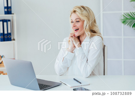 online remote work woman with laptop computer communication internet conversation communication emotions 108732889