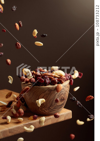 Flying dried fruits and nuts. Flying dried fruits and nuts. 108733212
