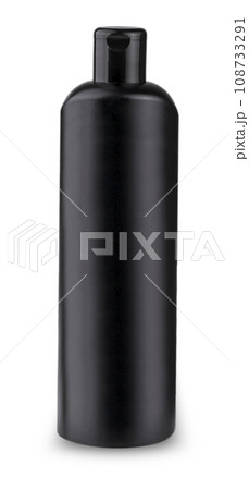 Black bottle of shampoo isolated on white background Black bottle of shampoo isolated on white background 108733291