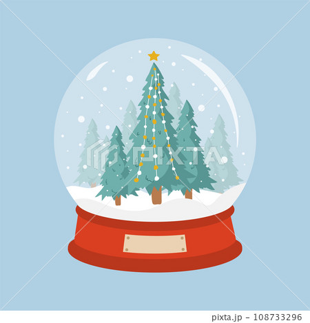 Glass snow globe with christmas tree. New Year decorative ball with winter landscape. Holiday snowball with snowflakes isolated on blue background. Vector illustration in flat cartoon style 108733296