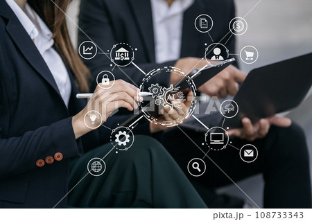 Digital transformation technology strategy, Person using laptop, tablet and smartphone with of things. transformation of ideas and the adoption. 108733343