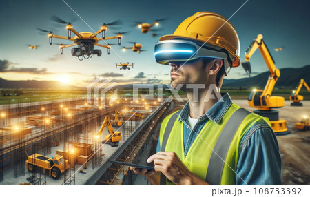 Construction worker wearing a AR headset monitors drones and machinery 108733392