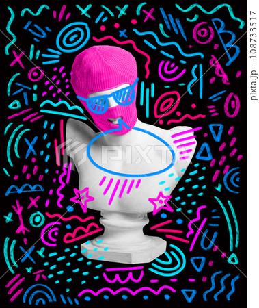 Street style. Antique statue bus in balaclava against black background with colorful doodles. Contemporary art collage. 108733517