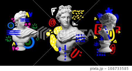 Set of antique statue busts against black background with colorful abstract design elements. Contemporary art collage. 108733585