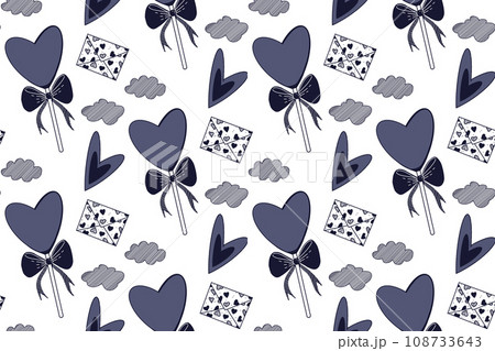 Seamless pattern for Valentine's Day. Vector pattern with love letters, clouds, hearts and lollipops with bows on a white background. Suitable for print, holiday, invitations and creativity. 108733643