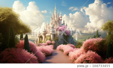 A fabulous castle with a path of lush flowers and cotton candy clouds 108733855