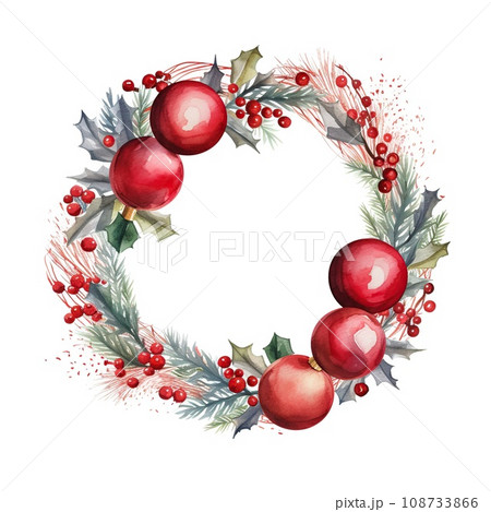 Christmas wreath of red balls and spruce branches. Watercolor illustration 108733866