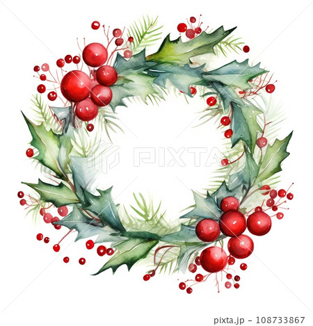 Christmas wreath of red berries and spruce branches. Watercolor illustration 108733867