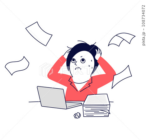仕事が忙しくて頭を搔きむしるビジネスウーマンと書類の山 仕事が忙しくて頭を搔きむしるビジネスウーマンと書類の山 108734072