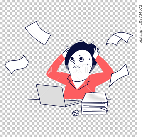 仕事が忙しくて頭を搔きむしるビジネスウーマンと書類の山 仕事が忙しくて頭を搔きむしるビジネスウーマンと書類の山 108734072