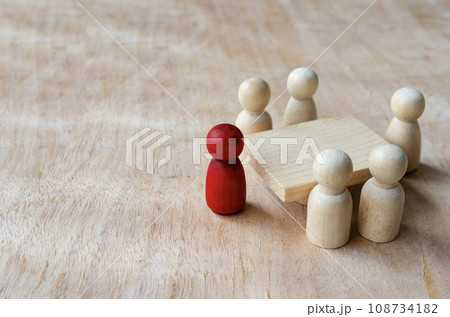 Wooden figure having meeting or discussion. Meeting concept. 108734182