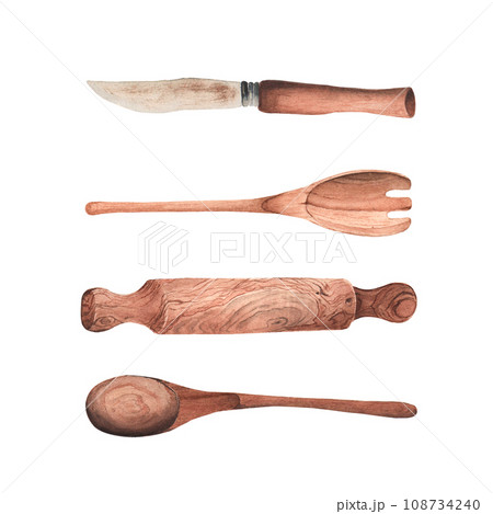 Watercolor composition with kitchen utensils on white background 108734240