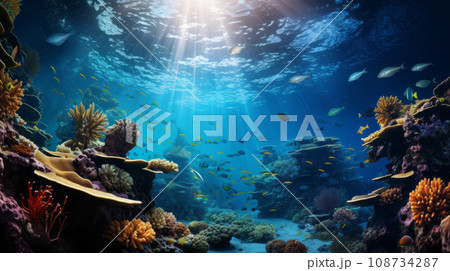 Beautiful ocean view with sunbeam. Nature and Ocean beauty concept. Beautiful ocean view with sunbeam. Nature and Ocean beauty concept. 108734287
