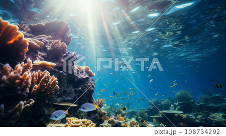 Beautiful ocean view with sunbeam. Nature and Ocean beauty concept. Beautiful ocean view with sunbeam. Nature and Ocean beauty concept. 108734292
