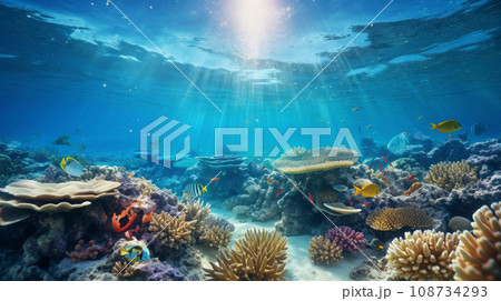 Beautiful ocean view with sunbeam. Nature and Ocean beauty concept. Beautiful ocean view with sunbeam. Nature and Ocean beauty concept. 108734293