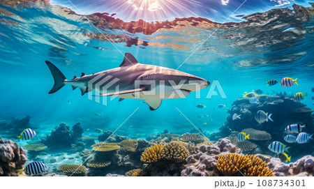 Shark swimming on deep ocean. Wildlife concept. Shark swimming on deep ocean. Wildlife concept. 108734301