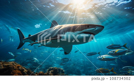 Shark swimming on deep ocean. Wildlife concept. Shark swimming on deep ocean. Wildlife concept. 108734302
