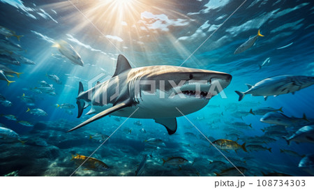 Shark swimming on deep ocean. Wildlife concept. Shark swimming on deep ocean. Wildlife concept. 108734303