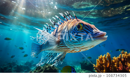Close up of tigerfish on blue ocean Close up of tigerfish on blue ocean 108734305