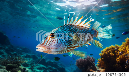 Close up of tigerfish on blue ocean 108734306