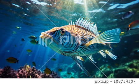 Close up of tigerfish on blue ocean Close up of tigerfish on blue ocean 108734307
